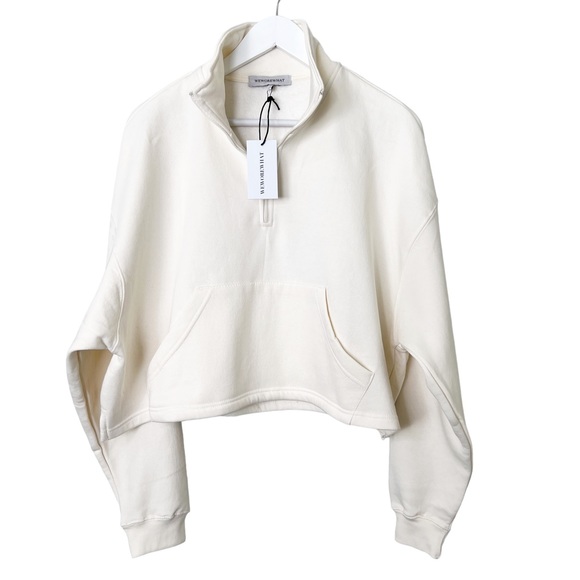 New WEWOREWHAT Women’s Oversized Cropped Cotton Blend 1/4 Zip Sweatshirt Cream S - Picture 7 of 13